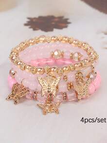 4pcs/Set Bohemian Style Multi-Layer Time Gem Butterfly Pendant Asymmetrical Beaded Bracelet Set, Suitable For Daily Wear, Gift - Time Gem Butterfly Bracelet - View 7