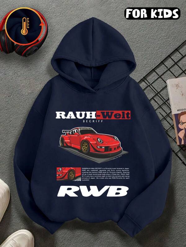 Kids Hooded Pullover, RWB Red Sports Car Racing Graphic Hoodie, Soft Warm Kids Long Sleeve Top