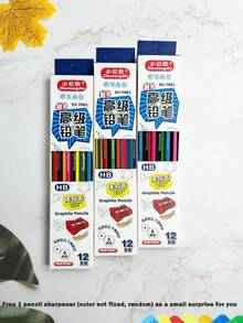 12支彩色條紋HB鉛筆附橡皮擦 + 1個隨機鉛筆削筆器，六角鉛筆，耐折斷，學生學習與考試用鉛筆，學生文具鉛筆套組，開學用品 - 彩色 - 查看 7