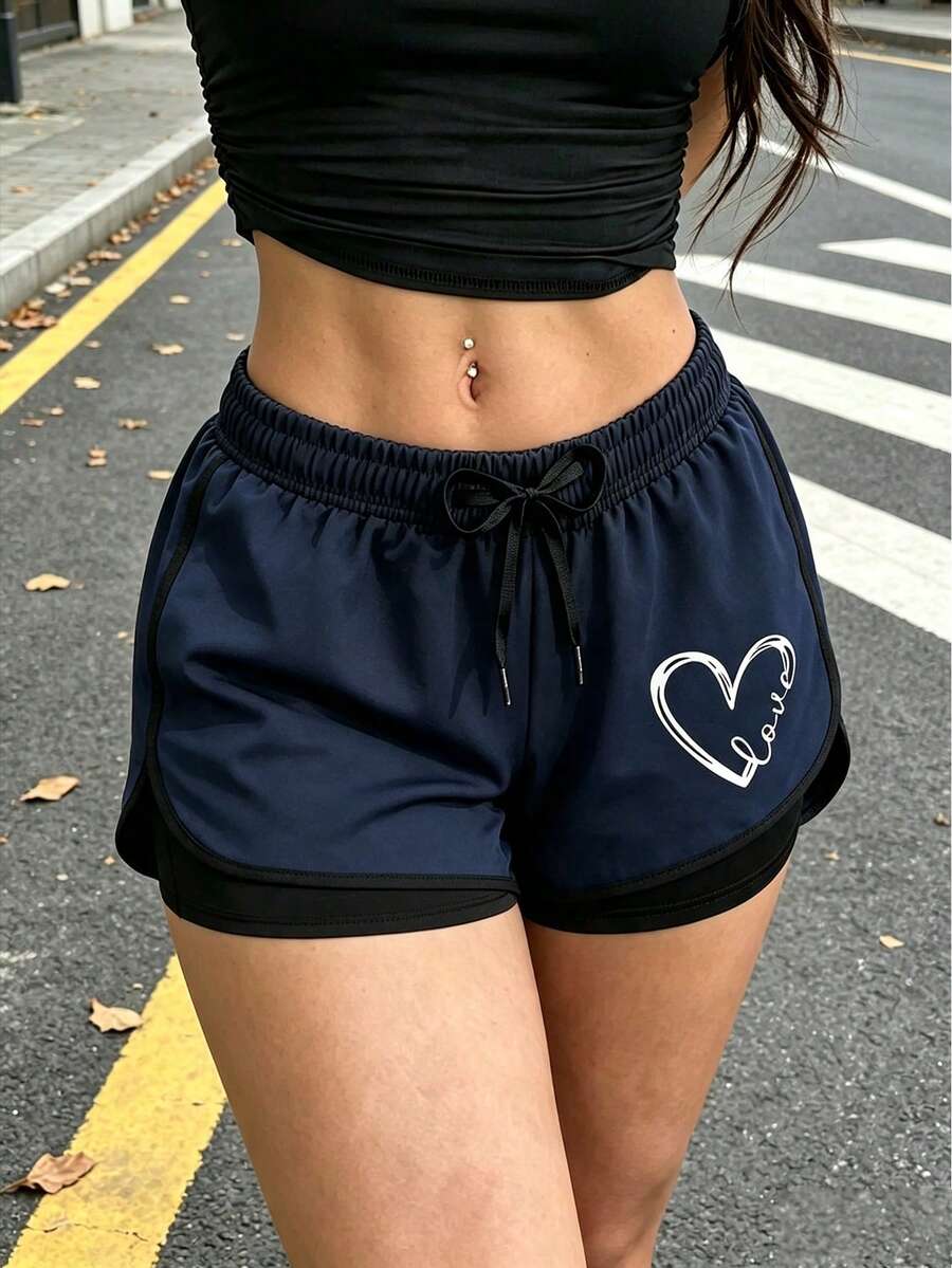 女款夏季運動短褲,2合1跑步與健身褲,抽繩腰帶,印花,| 可調節抽繩腰帶 | 運動 - 藏蓝色 - 查看 1