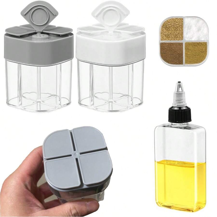 4-In-1 Plastic Salt & Pepper Shaker + Transparent Spout Oil Dispenser Small Portion Bottle, 4-Compartment Flip Spice Dispenser, Travel Spice Container With Dividers, Lidded Seasoning Shaker, Labeled Travel Spice Jar, For BBQ, Cooking, Baking, Storing Spices, Salt, Sugar, Etc.