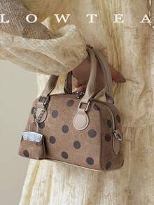 low tea 1pc Polka Dot Bowling Bag PU Fabric Handbag With Adjustable Shoulder Strap, Suitable For Commuting, Shopping And More - Light Khaki - View 6