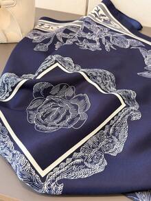 1pc Fashionable Women's Color Block Versatile Printed Polyester Scarf Square - Navy Blue - View 3