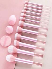 12pcs Multi-Function Makeup Brush Set, Includes Powder Brush, Blush Brush, Foundation Brush, Eyeshadow Brush, Blending Brush, Contour Brush, As Well As Slanted Makeup Sponge, Round Makeup Sponge And White Powder Puff - Pink - View 2