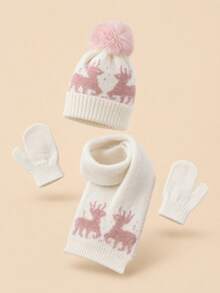 3pcs Deer Jacquard Knit Beanie, Scarf And Gloves Set, Warm For Autumn/Winter, Suitable For Daily, Outdoor, Christmas And New Year - Fawn - View 5