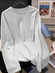 Women's Student Pure Grey Minimalist All-Match Long Sleeve Loose Versatile Casual Home Daily Commute Slouchy Ribbed Neutral Long Sleeve Top T-Shirt - Light Grey - View 5