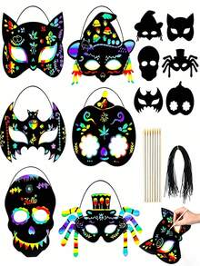 6SET Halloween Scratch Art Set, Rainbow Scratch Halloween Masks, Magic Scratch Masks With Elastic Ropes And Wooden Stylus, Suitable For Halloween Costume Party Photo Booth Props,Classroom Activities, Holiday Decorations, Fence Decorations - A - View 3