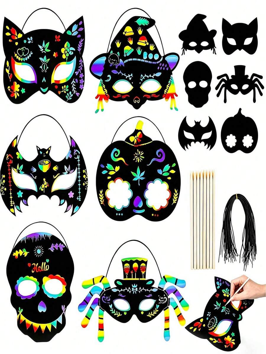 6SET Halloween Scratch Art Set, Rainbow Scratch Halloween Masks, Magic Scratch Masks With Elastic Ropes And Wooden Stylus, Suitable For Halloween Costume Party Photo Booth Props,Classroom Activities, Holiday Decorations, Fence Decorations - A - View 1