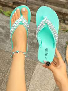 Light Luxury Rhinestone Webbing Wedge Flip Flops, Lightweight EVA Thick Sole Toe Strap Sandals, Versatile Beach Slippers For Women - Mint Blue - View 3