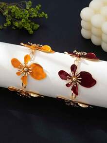 1 pieza Pulsera de lujo con atmósfera vintage color borgoña, pulsera de cuentas con flor 3D de doble capa color rojo Ancola para uso diario de mujeres - Pulsera de flores irregulares - Ver 1