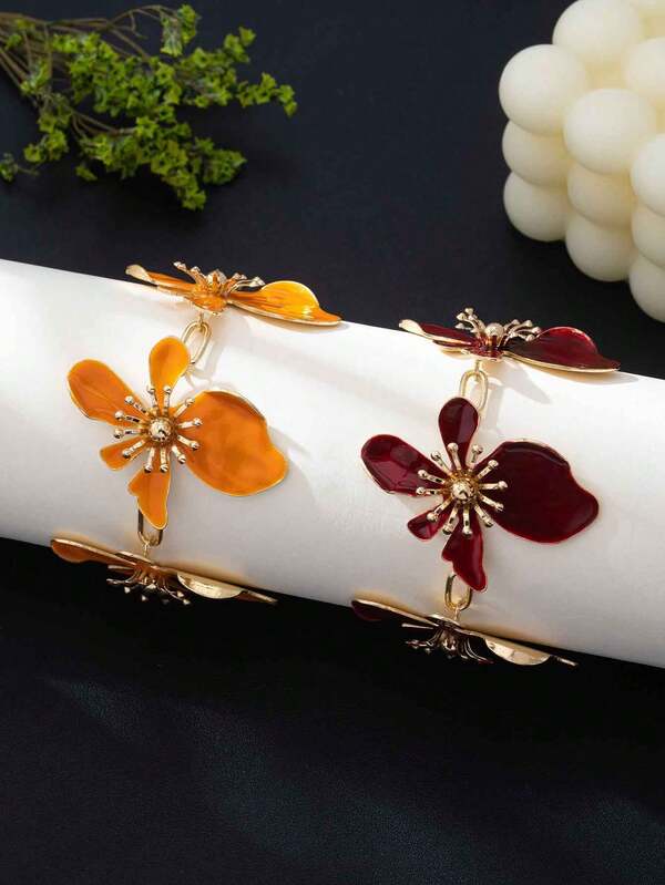 1pc Burgundy Vintage Atmosphere Luxury Bracelet, Ancola Red 3D Double Layer Flower Beaded Bracelet For Women Daily Wear