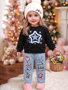 Girls 2pcs Set Star Print Long Sleeve Sweatshirt Cartoon Graffiti Denim Elastic Waist Long Pants Spring Autumn Sweet Casual Outfit - Multicolor - View 1