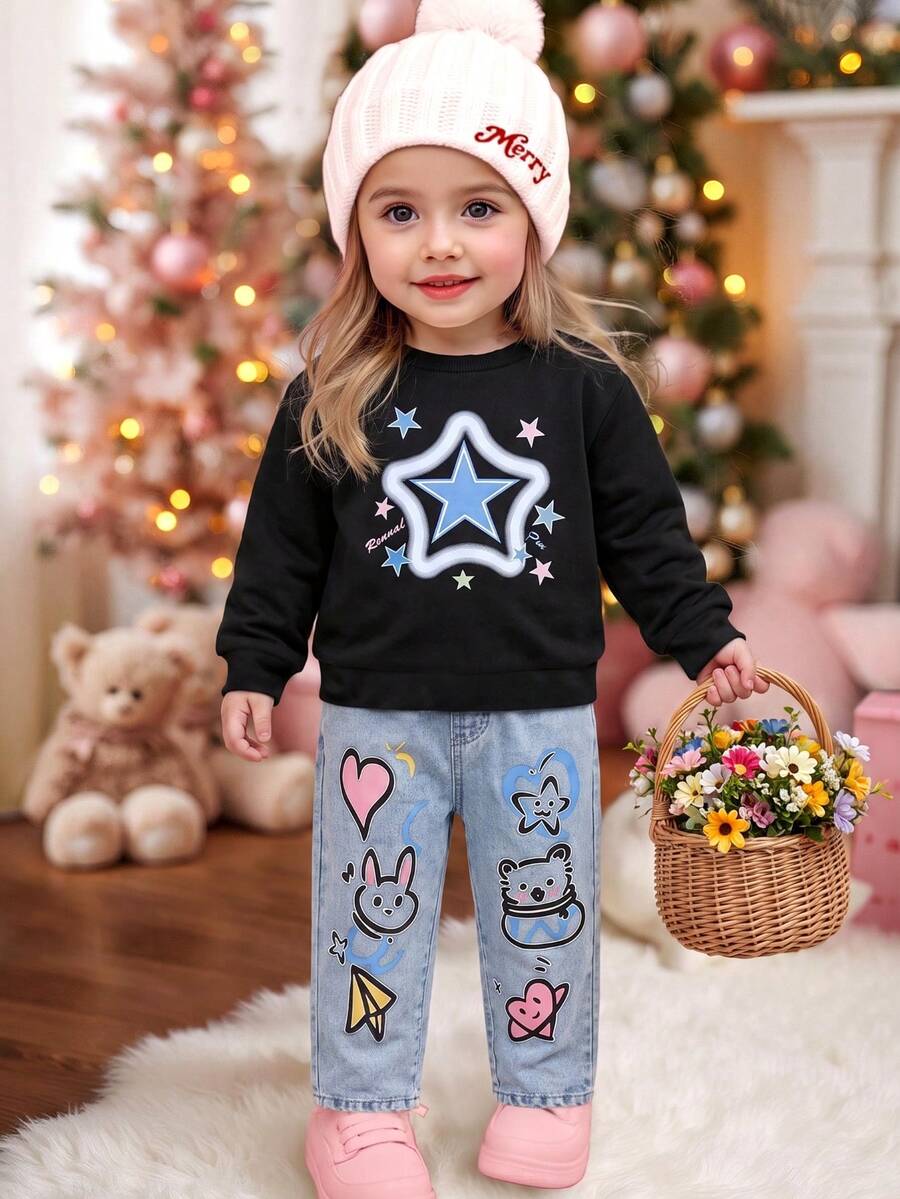 Girls 2pcs Set Star Print Long Sleeve Sweatshirt Cartoon Graffiti Denim Elastic Waist Long Pants Spring Autumn Sweet Casual Outfit - Multicolor - View 1