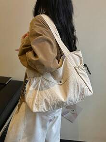 Solid Color Large Capacity Nylon Fabric Shoulder Tote Shopping Bag, Multi-Pocket Design, Mother's Day Gift For Mom, Commute Travel Minimalist Fashion Versatile - Beige - View 7