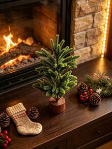 1pc Rustic Minimalist Style PE Pine Needle Conical Mini Christmas Tree,Wrapped Base With Burlap Gift Paper Cover,Realistic Full Branches,Tabletop Ornament,Small Desktop Xmas Tree For Christmas Holiday Home Party Indoor Table Shelf Decor - Multicolor - View 7