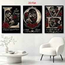 3 Pieces 2D Flat- Three Panels Spell LOVE With Sugar Skull Couples Red Roses And Romantic Phrases Themed Canvas Wall Art, Waterproof Canvas Prints Ready To Hang, Home Room Decor Gifts For Father's Day, Graduation, Birthday, 4th Of July - Framed - View 2