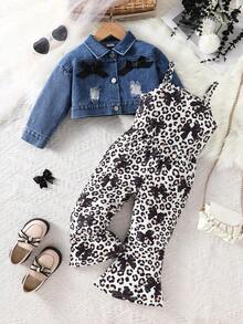 MYVLNA 2pcs/Set Pakaian Anak Perempuan Gaya Manis & Keren, Jaket Pendek Denim Lengan Panjang dengan Hiasan Pita dan Motif Leopard, Jumpsuit Camisole dengan Detail Rusak, dan Potongan Kaki Mengembang - MultiWarna - View 2