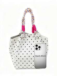 Tas Bucket Kasual Serbaguna Artistik Motif Polkadot Blok Warna Klasik, Tas Tangan Multifungsi untuk Perjalanan Sehari-hari, Cocok untuk Belanja Niche dan Kencan - Putih - View 7