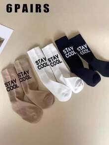 3/6 pares de calcetines de invierno para mujer con estampado de letras, suaves y transpirables, estilo minimalista para volver a la escuela - Multicolor - Ver 10