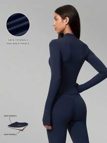 MFVIM Women's Seamless Triangle Cup Wireless Bra + Leggings + Jacket 3-Piece Fitness Set - dark blue - View 5