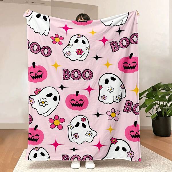 1pc Comfortable Halloween BOO! Ghost Print Blanket - Soft & Warm, Suitable For Sofa, Bed, Office And Travel - Perfect Gift For All Seasons