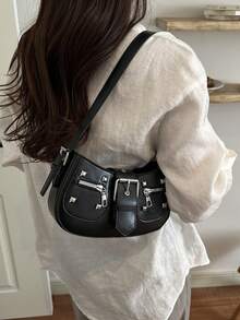 Cross-Border Artistic French Style Rivet Fashion Underarm Bag For Women 2026 New European & American Style Niche Popular Shoulder Bag - Black - View 5