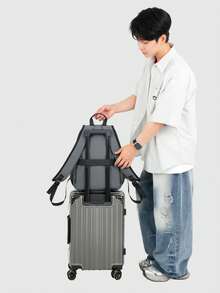 SHILAN 多口袋對比橘色拉鍊防水牛津布後背包，極簡商務通勤筆電包，大容量休閒戶外學生背包 - 彩色 - 查看 8