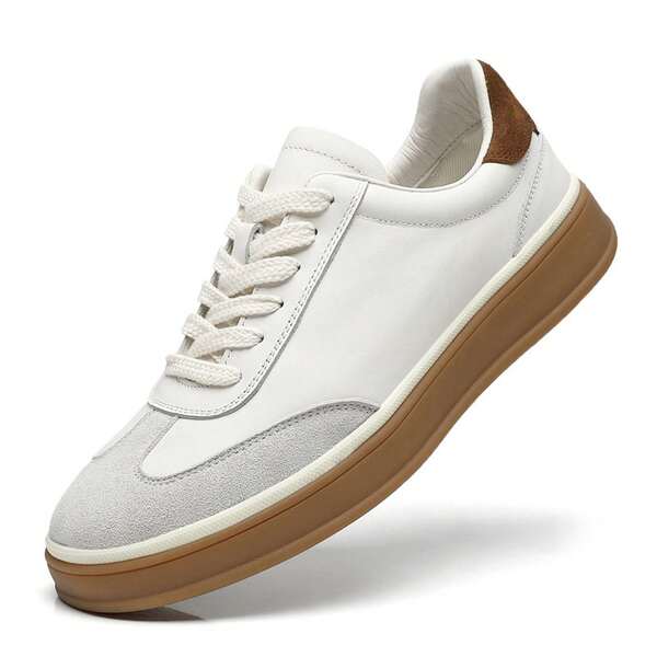 Zapatillas casuales de cuero de vaca de capa superior con cordones de lujo ligero, zapatillas deportivas de suela plana con punta redonda, zapatillas de entrenamiento alemanas clásicas retro ligeras