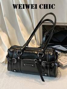 Bolso cilíndrico Y2K Millennium Hot Girl con múltiples bolsillos con cremallera, decoración de herrajes con remaches, uso dual de mano y bajo el brazo, estilo retro de motocicleta, atuendo de uso diario, bolso de hombro personalizado para mujer - Negro - Ver 1
