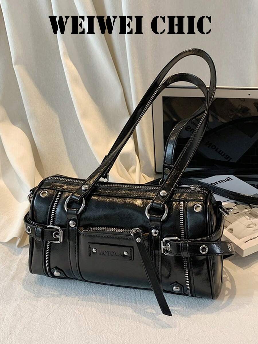 Bolso cilíndrico Y2K Millennium Hot Girl con múltiples bolsillos con cremallera, decoración de herrajes con remaches, uso dual de mano y bajo el brazo, estilo retro de motocicleta, atuendo de uso diario, bolso de hombro personalizado para mujer - Negro - Ver 1
