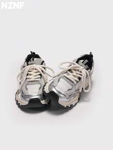 NZNF Flattering Chunky Sneakers For Women, White Color, Increased Height, Retro Thick Sole, Low-Top, Autumn 2025 New Arrival - Black - View 4