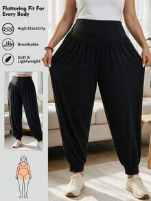 Plus Size High Waist Elastic Solid Color Loose Casual Jogger Pants, Suitable For Running, Yoga, Dance - Black - View 4