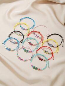 12pcs Oil Painting Butterfly & Soft Clay Rhinestone Circle Adjustable Braided Bracelet Set For Women, Suitable For Family, Best Friends, Couples To Share, Gift, Daily Wear - Multicolor - View 3