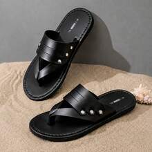 Men's New PU Leather Sandals, Hollow Design Open Toe Non-Slip Casual Slippers, Summer Lightweight Breathable Flip-Flops, Suitable For Spring/Summer, Indoor/Outdoor, Street, Office, Vacation, Daily Wear, Durable Non-Slip Flat Bottom, Fashionable Durable Roman Sandals - Black - View 4
