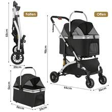 3-In-1 Foldable Dog Buggy Up To 20kg | Foldable Cat Stroller, Pet Buggy With 4 360° Rubber Wheels, With Storage Basket And Cup Holder - Silver Black - View 2