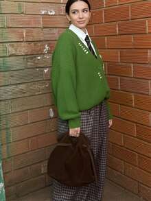 2026 Autumn/Winter New Women's Casual Loose Front Button & Contrast Color Cylinder Handmade Drawstring Design, Long Sleeve Fashion Minimalist Fall - Green - View 4