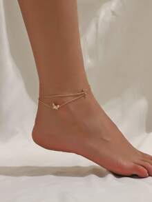 Boho Bohemian Multi-Layer Anklet Set, Pearl Chain With Hollow Heart And Butterfly Rhinestone Pendant, Vintage Gold Tone. Multi-Layer Gold Anklet, Pearl Chain With Hollow Heart And Butterfly Rhinestone Pendant, Gentle And Sweet Girl Design. Summer Beach Party Vacation Accessory, Exquisite Women's Ankle Jewelry, Versatile And Easy To Match With Various Shoes, Fashionable Gift Choice, Non-Fading Anklet. - Gold - View 4