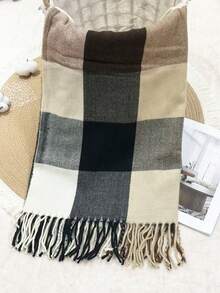 女款復古拼色格紋仿羊絨圍巾，流蘇軟暖長披肩圍巾，適合秋冬日常穿著 - 7號披肩 - 查看 3