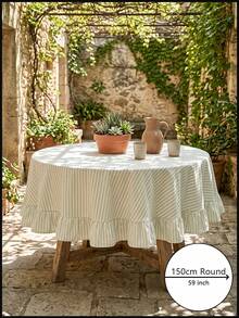 1pc Light Blue Green White Fine Striped Round Tablecloth, Fresh Natural Style Fabric Material, Round Ruffle Trim Pleated Detail Decoration, Beautification Function, Outdoor Round Tablecloth Suitable For Outdoor Patio And Natural Pastoral Dining Scenes - Green - View 16