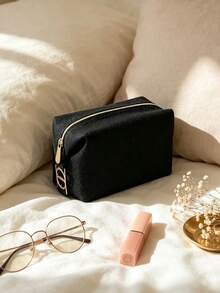 Black Textured Linen Embossed CD Logo Makeup Bag, Gold Zipper Large Cosmetic Storage Pouch, Portable Travel Beauty Organizer Elegant Gift For Women DIOR-GIFT-137 - Black - View 3