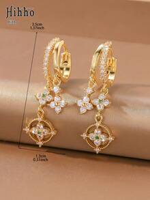 Hihho 2pcs French Vintage Style Full Rhinestone Double Layer Flower Emerald Green Gemstone Stud Earrings For Women, Commuter Atmosphere - Double Flower Pendant - View 5