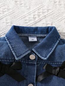 MYVLNA 2pcs/Set Pakaian Anak Perempuan Gaya Manis & Keren, Jaket Pendek Denim Lengan Panjang dengan Hiasan Pita dan Motif Leopard, Jumpsuit Camisole dengan Detail Rusak, dan Potongan Kaki Mengembang - MultiWarna - View 4