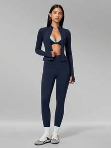 MFVIM Women's Seamless Triangle Cup Wireless Bra + Leggings + Jacket 3-Piece Fitness Set - dark blue - View 9