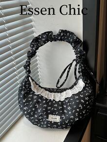 1pc Black Large Capacity Floral Nylon Pleated Tote Bag Women's Shoulder Bag - Black - View 8