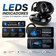 Fone de ouvido preto esportivo premium com gancho, sinal Bluetooth 5.3 constante, compatível com celulares , ,  e  para lazer e exercícios - Visão 3