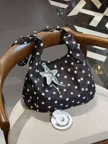 Black Background White Star Print One Shoulder Gym Bag, Lightweight And Easy To Carry For Daily Use, Can Store Toiletries, Sports Apparel And Other Fitness Gear, Paired With Star Pendant For An Exquisite And Eye-Catching Look, Versatile Style Suitable For Gym Workouts, Yoga Practice, Short Trips And Daily Shopping - Multicolor - View 6
