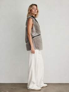 Vest With Collar. Snap Closure. Lined. 2 Pockets. Front Slightly Longer Than Back. Hip-Length. - Grey - View 2