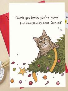 1pc Funny Tabby Cat Christmas Card "Thank Goodness You're Home The Christmas Tree Fainted", Messy Fallen Tree Bauble Cartoon Print, Pet Owner Humor Holiday Note - Multicolor - View 5