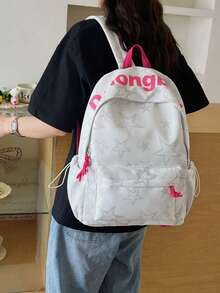 Dedoo Juego de 3 piezas de mochila, estampado de estrellas y letras, cordón con cremallera de bloques de color, gran capacidad, mochila escolar, bolsa de estudiante diaria para campus universitario - Blanco - Ver 7