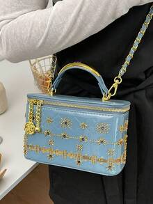 精緻珠飾刺繡圖案金屬手柄與編織皮革金屬鏈條裝飾，拉鍊開合，復古優雅方型女款手提包，適合購物、約會、社交、旅行的小包，小眾高級感手袋 - 藍色 - 查看 4